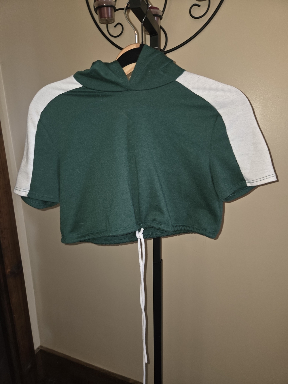 Cropped Green Drawstring Hoodie with White Shoulder Panels